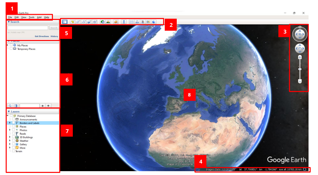 Google Earth interface areas (CartONG 2022 tutorial)